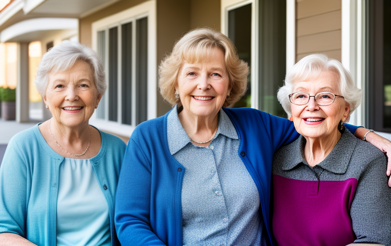 a group of senior ladies smiling in front of a living community building