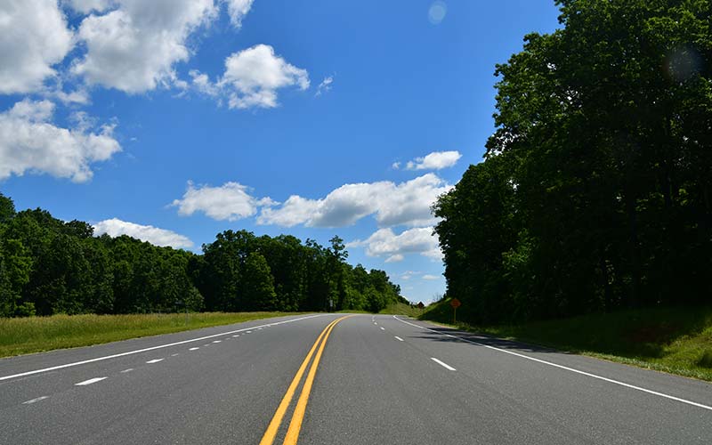 an open road, blue sky, no cars and beautiful trees